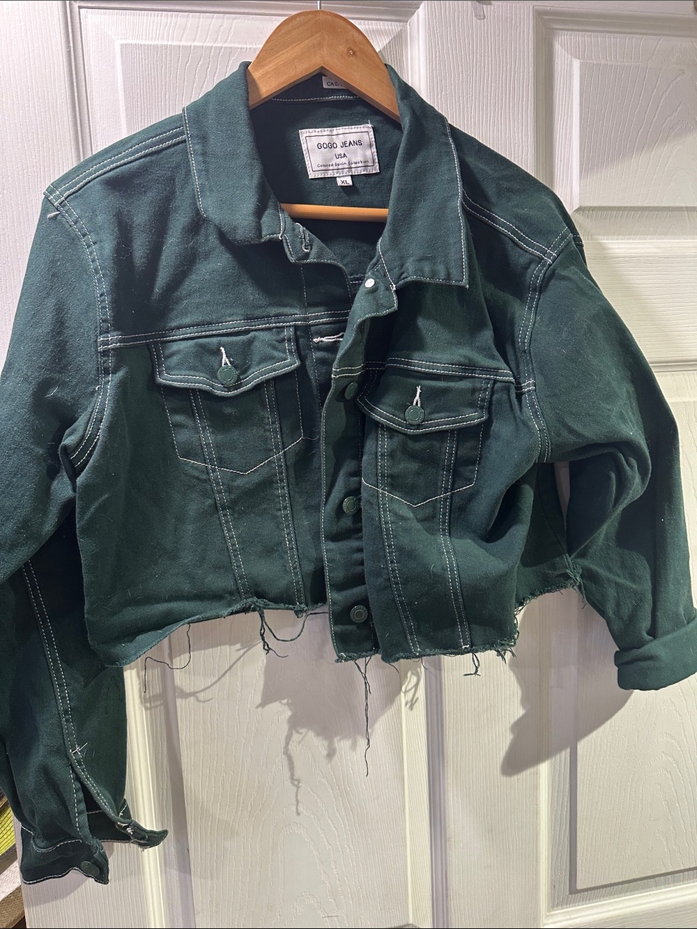 GOGO Dark Green Cropped Denim Jacket with Raw Hem